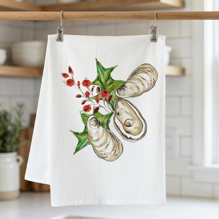 Oyster Mistletoe Kitchen Towel for wholesale by Pamela Cassidy Designs