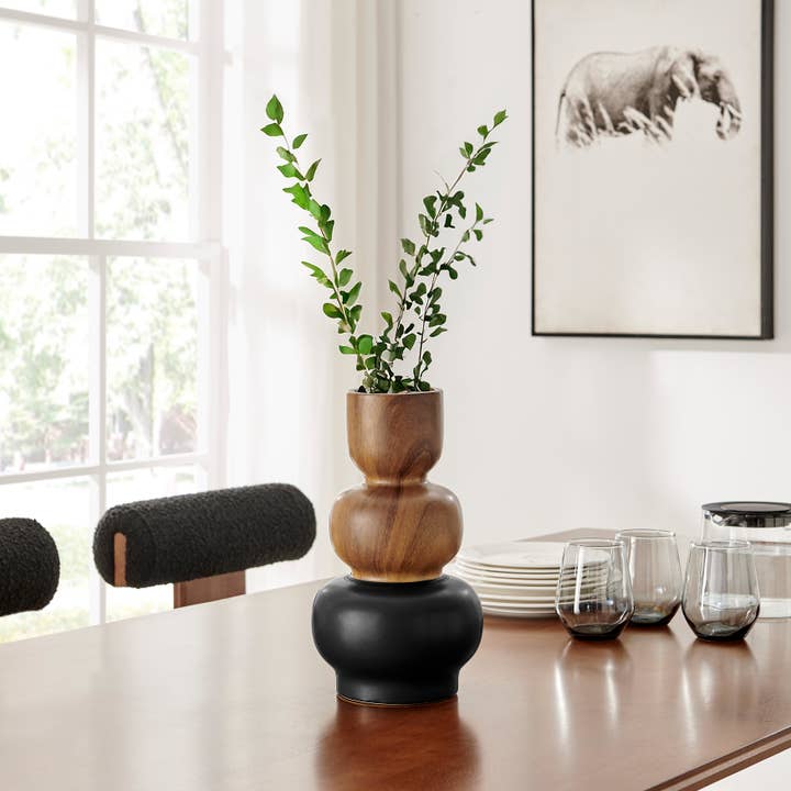 Danya B - Wholesale Vase - Milo Trinnet 3 Tier Stack Two Tone Vase Black and Walnut