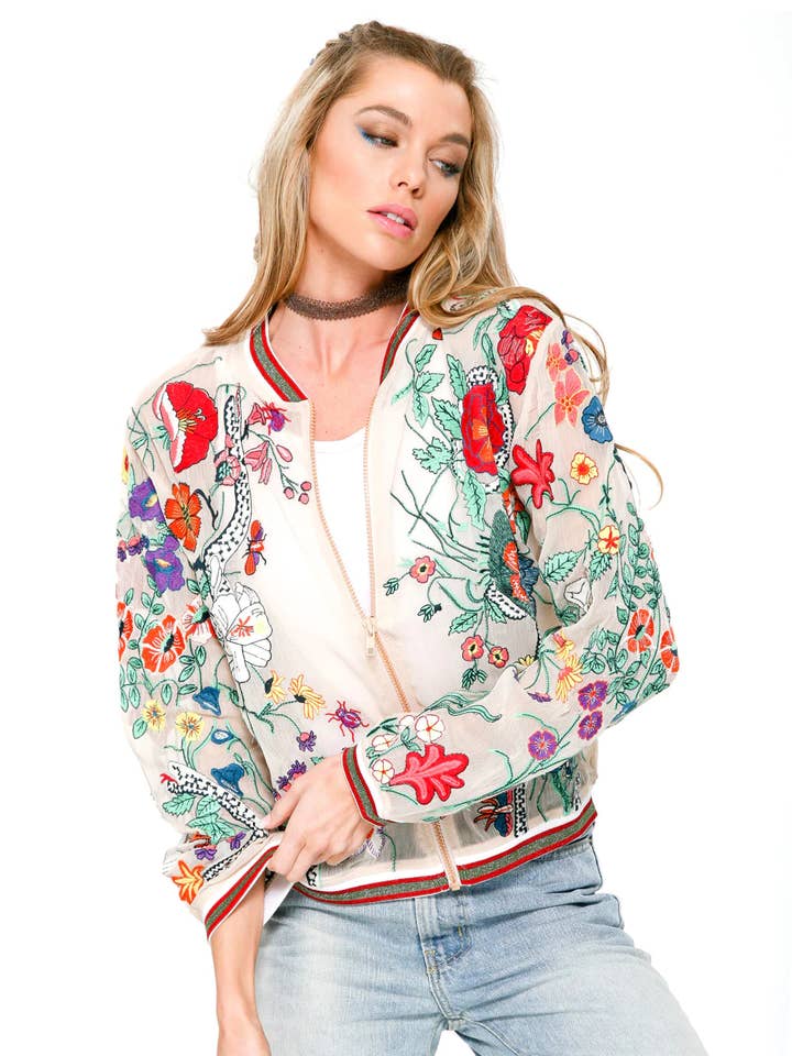 Ivory Floral Bellezza Embroidered Bomber Jacket for wholesale on Faire0