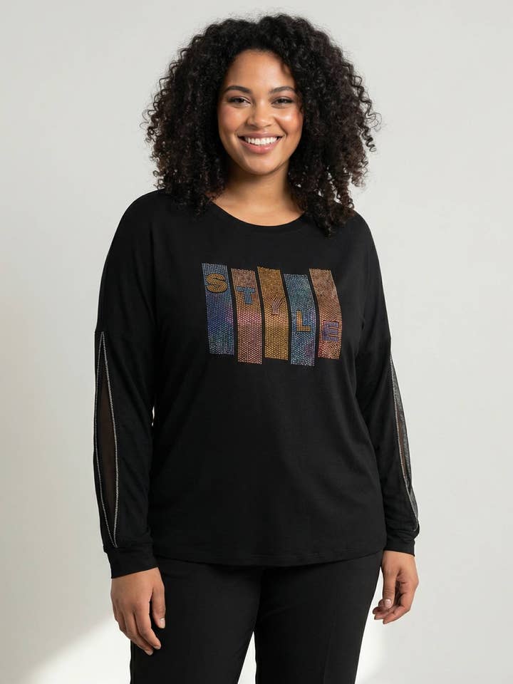 T-shirt noir grande taille strass et manches fendues (6603) pour la vente par Pomme Rouge Paris