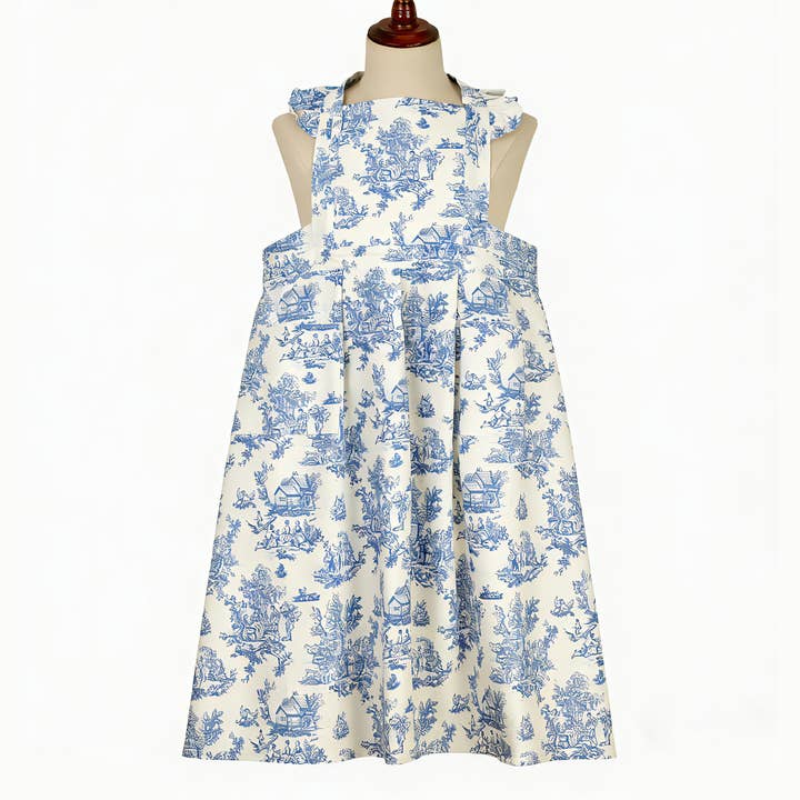 Vintage Cotton Apron with Puffed Shoulder Straps – Blue Toile for wholesale by Sparkle Being