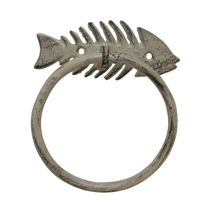 Aged White Cast Iron Fish Bone Towel Holder 5.5" for wholesale by Hampton Nautical