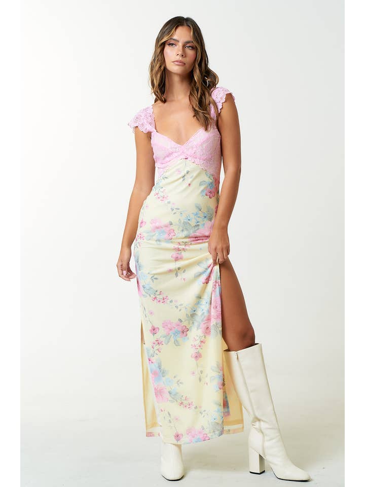 Blue Blush - Wholesale Dress - Women's - IBD30145 MESH FLORAL PRINT LACE DETAIL SIDE SLIT MAXI DRESS