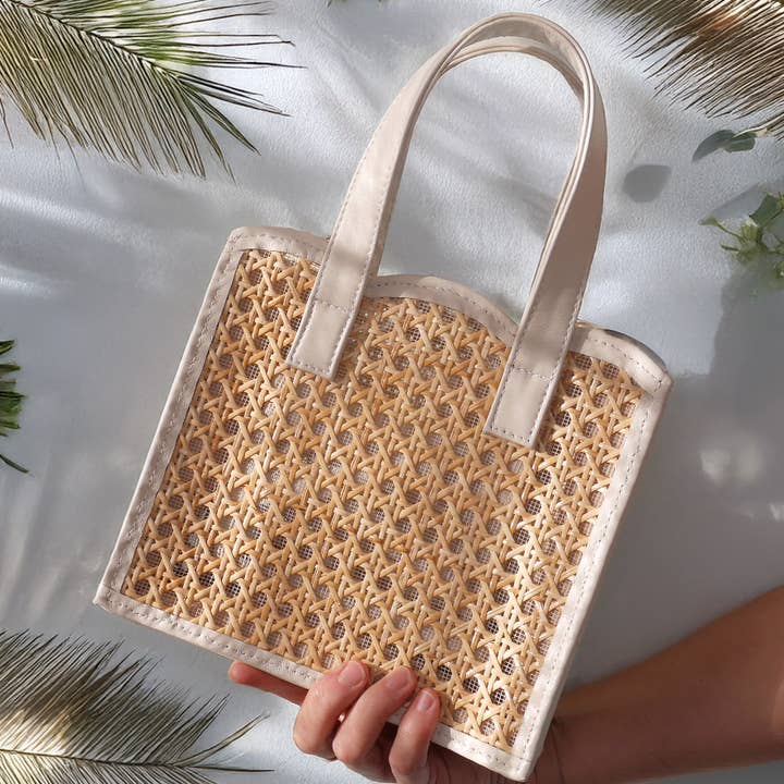 Woven Rattan & Cream Leather Small Shopper Tote Bag | Summer for wholesale by Soli & Sun