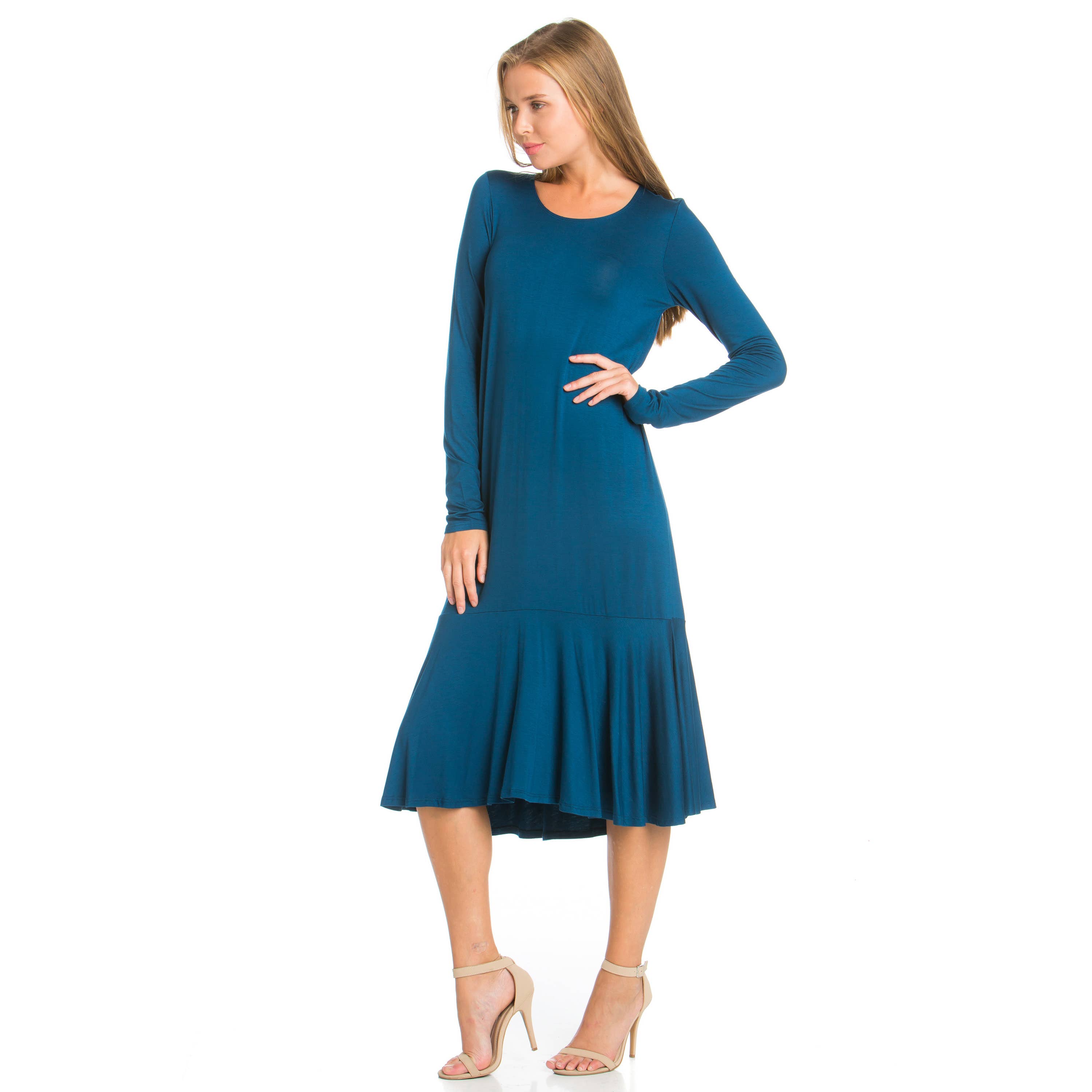 Azules Clothing - Wholesale Dress - Women's - ADM-8258RS Ruffle Hem Long Sleeve Midi Dress29