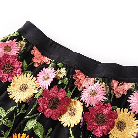 Black SK016 Fresh Daisy & Sunflower Lace High Waist Skirt for wholesale on Faire