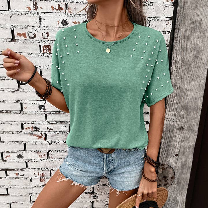Green Pearl Embellished Crew Neck Short Sleeve Casual T-Shirt for wholesale on Faire