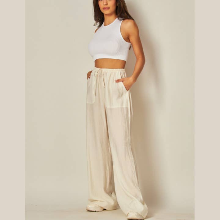 WILD LILAC - Wholesale Pants - Women's - Tie Waist Linen Blend Wide Leg Pants