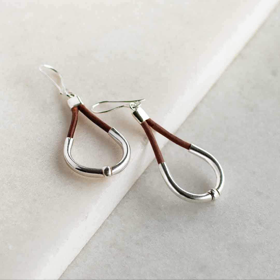 URBAN-EQUESTRIAN - Wholesale Dangle Earrings - Calista - Sterling Silver Bosal Horseshoe Earring on Brown Leather5