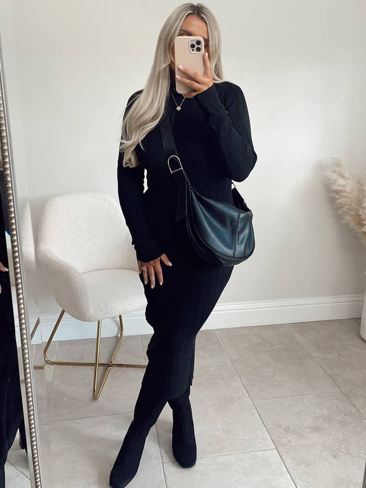 Vestido Midi Gola Alta Variegado Rib Malha Preto por atacado de In The Style