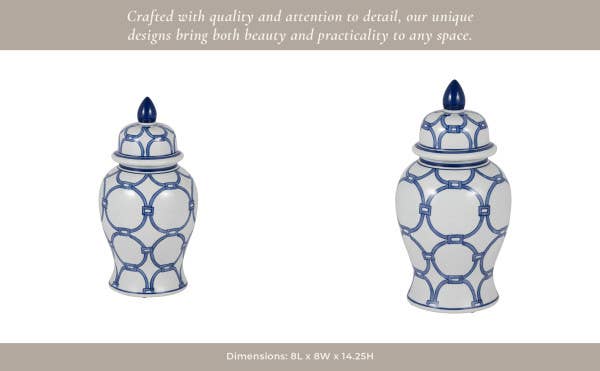 Sagebrook Home - Wholesale Decorative Jar - Ceramic Links Lidded Decorative Temple Jar - Blue, 14 in.14