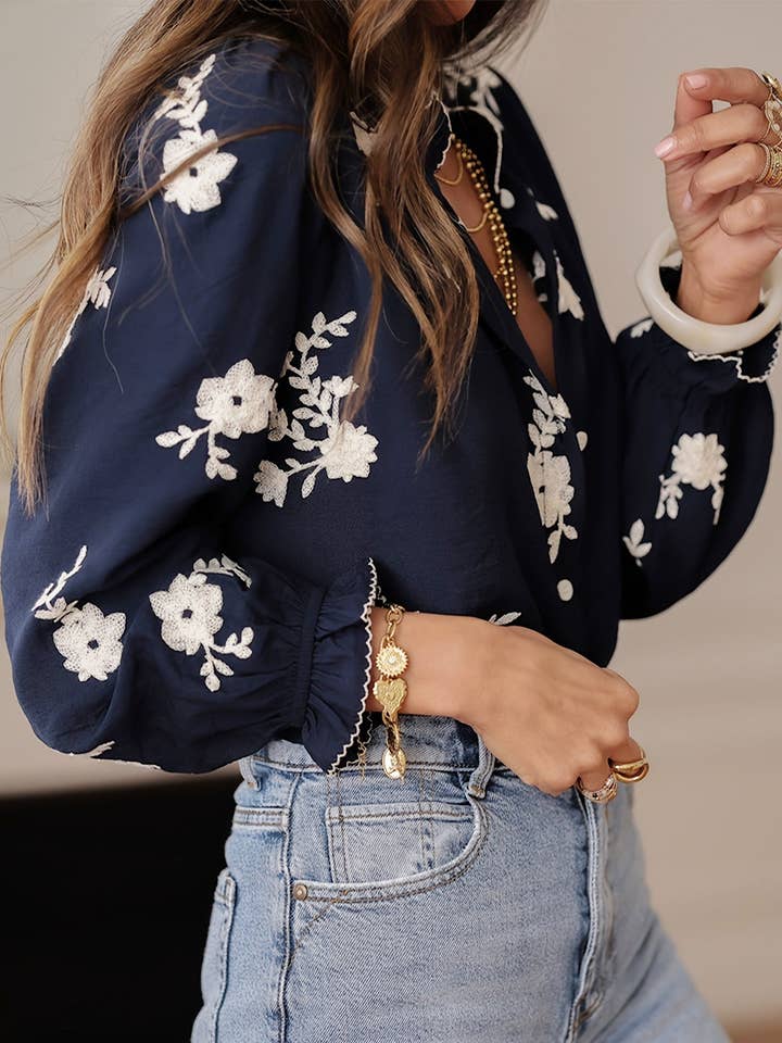 Lovenne - Wholesale Button Down Shirt - Women's - Women's long-sleeved embroidered V-neck shirt4