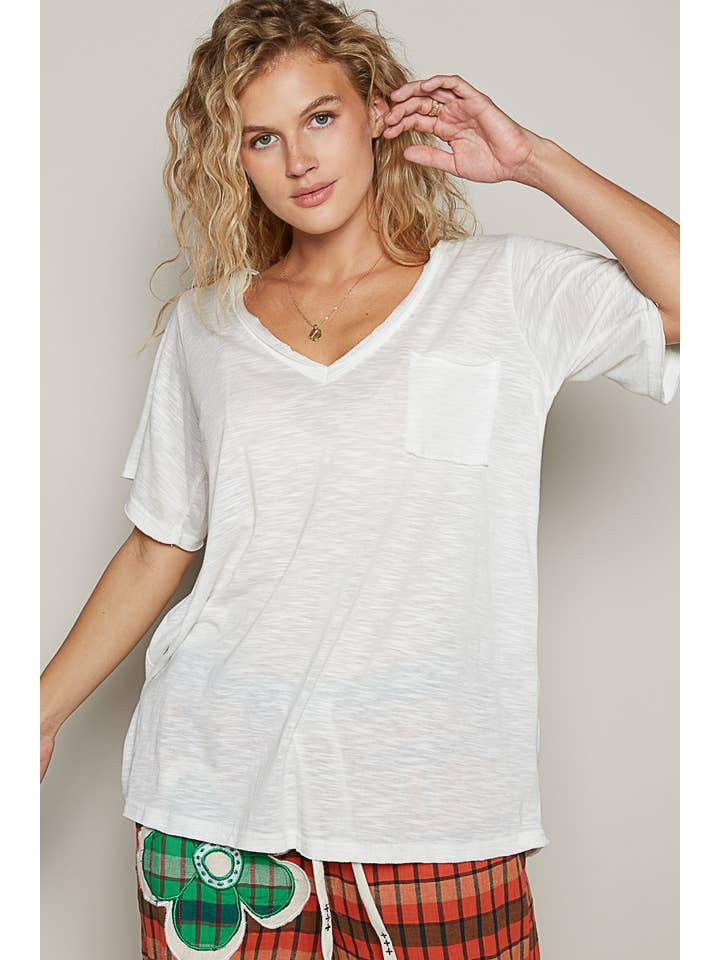 Pol Clothing - Wholesale Tunic - Women's - V-neck short sleeve casual knit chest pocket slub tee SALE