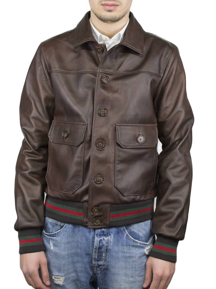 U03 - Blouson aviateur en cuir pour homme avec boutons SE marron foncé pour la vente par Michelangelo srls