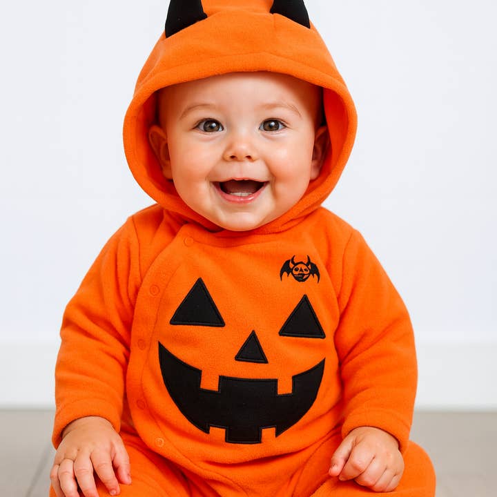Orange Pumpkin Fleece Hooded Baby Costume Jumpsuit for wholesale by Fennco Styles