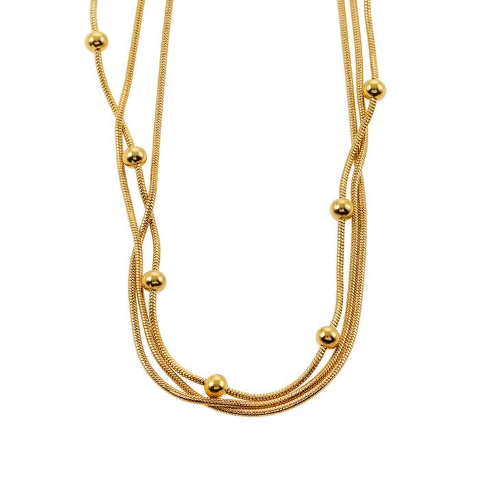 KAKIA: Triple Snake-Skin Chain Layered Necklace with Ball-Bead Accents for wholesale by HACKNEY NINE