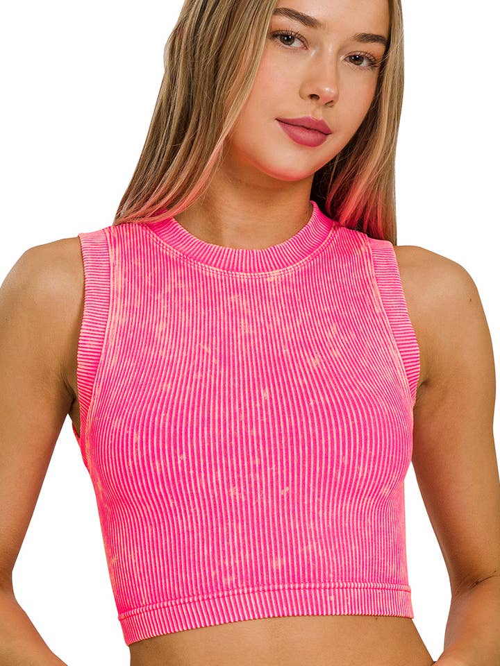 42POPS - Wholesale Tank Top - Women's - ',...._ Washed Ribbed Seamless High neck Crop Tank