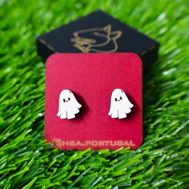 Wooden Colorful Ghost Earrings, Handmade Wood Jewel for wholesale by Herbs&Belles