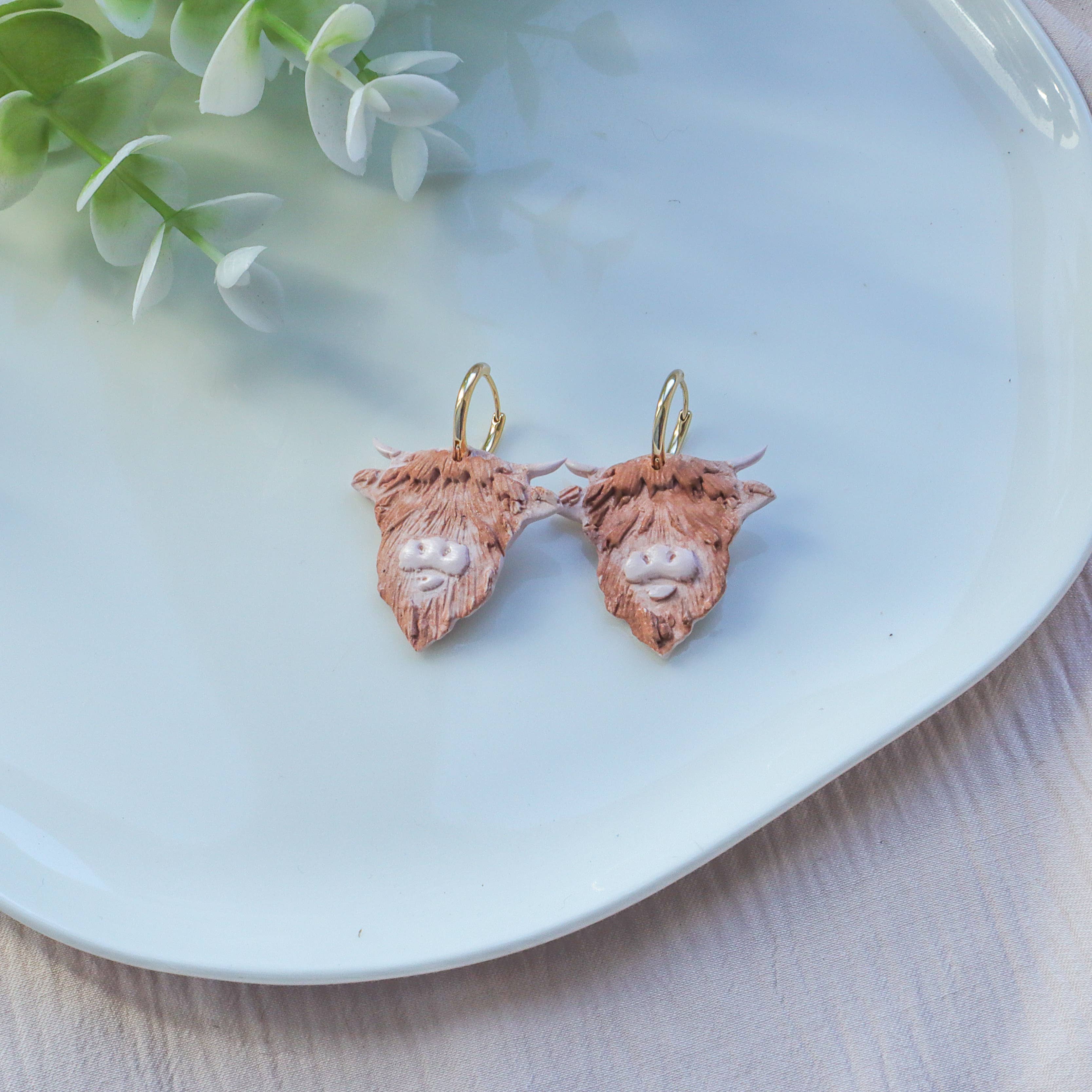 K's Craft House - Wholesale Hoop Earrings - Highland Cow Clay Hoop Earrings – Gold-Plated Huggie4