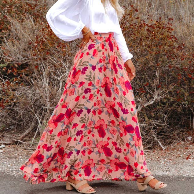 Pink Elegant Floral Print Loose Skirt for wholesale on Faire0