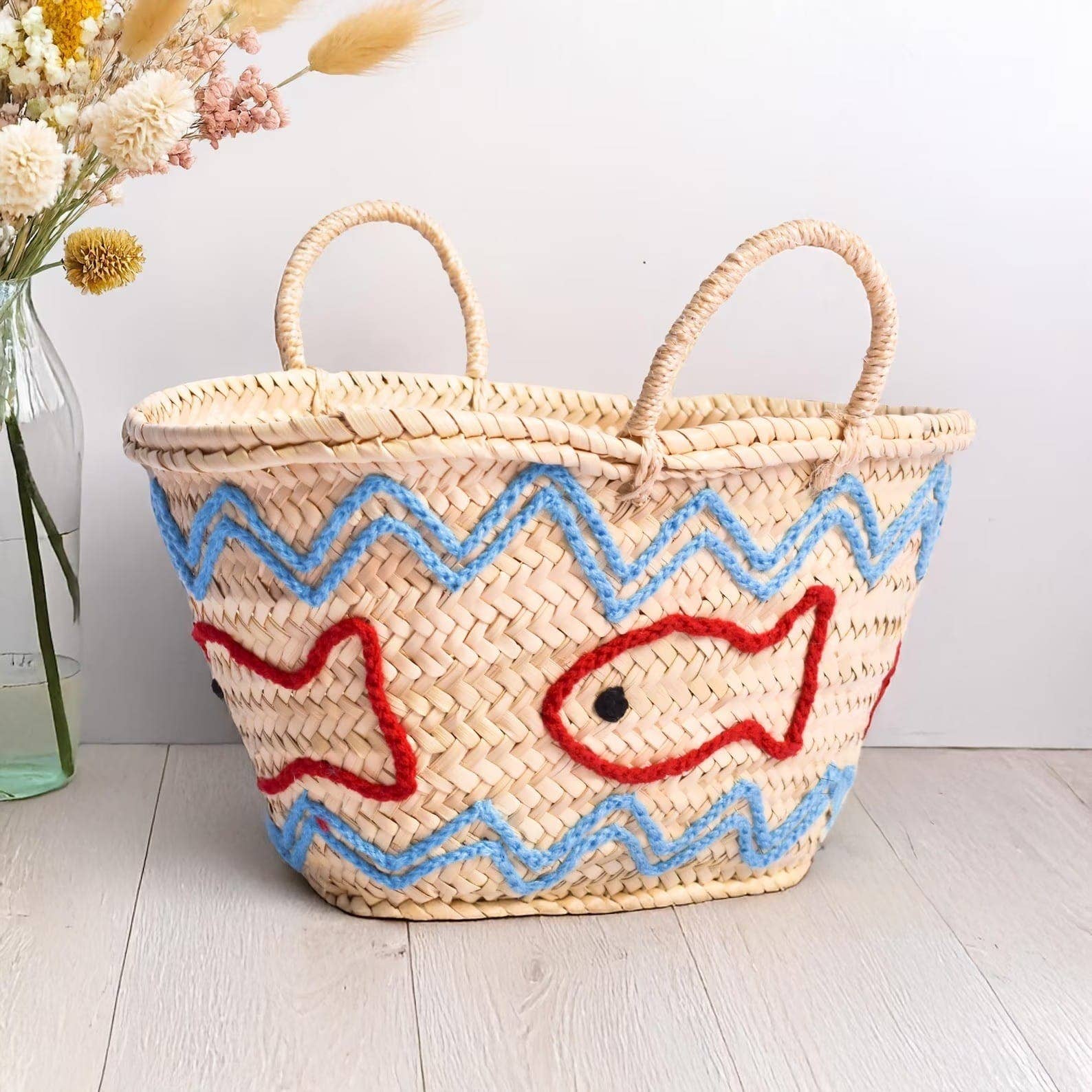 DarKech - Wholesale Beach bag - Handwoven Straw Market Basket with Fish Embroidery 5