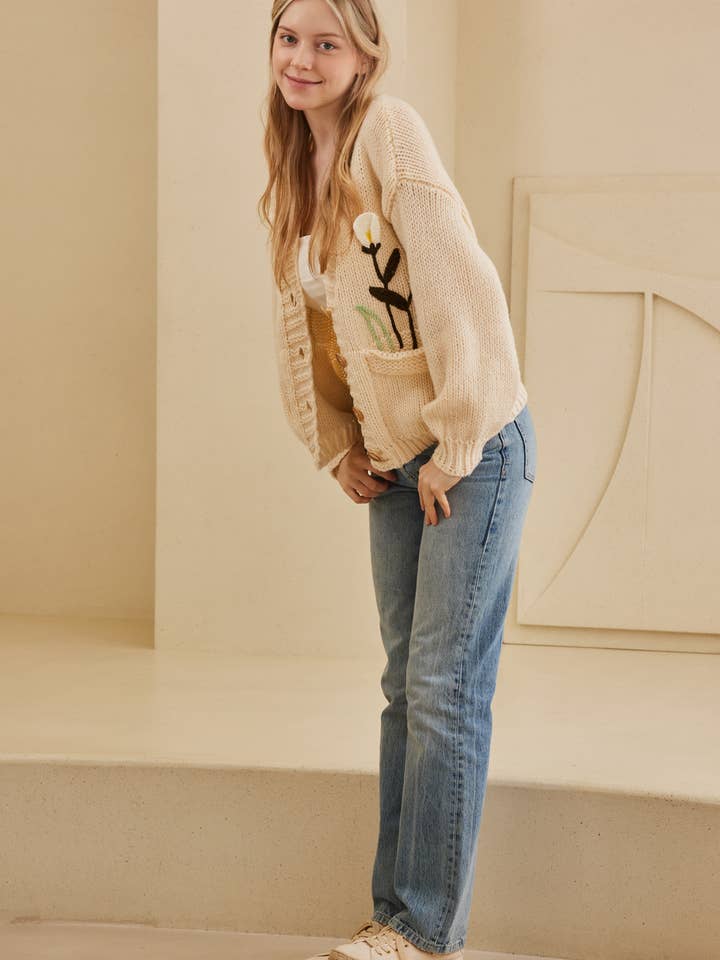 Cream Flower Embroidered Knit Cardigan for wholesale on Faire