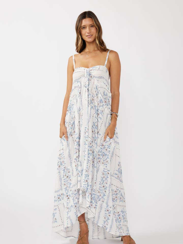 Creamy Dusty Blue Hi-Lo Spaghetti Strap Patchwork Ruffle Maxi Dress for wholesale on Faire0