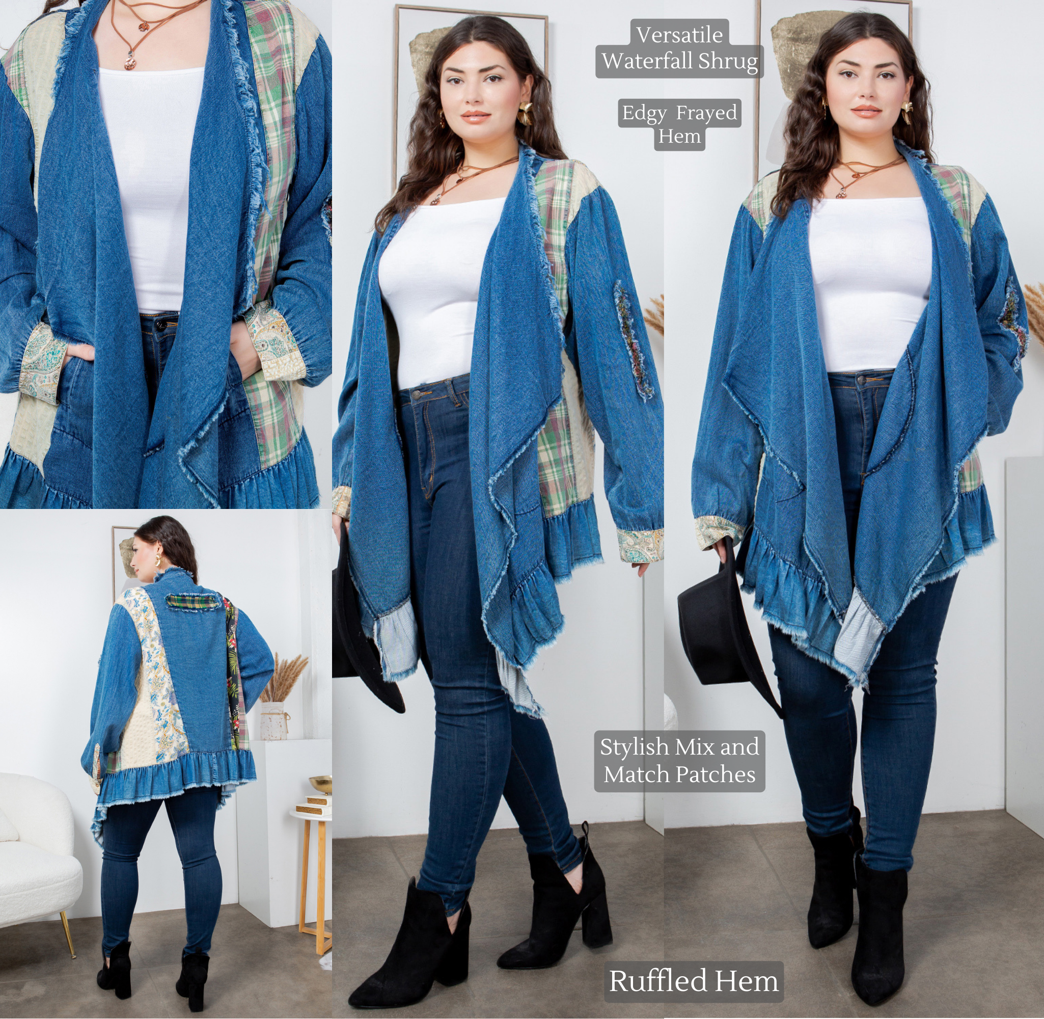 Young Threads - Wholesale Button Down Shirt - Women's - Western Boho Chic: Patched Denim Shrug ALSO IN PLUS 16