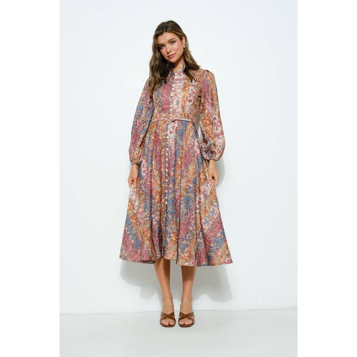 BROWN MULTI Long Sleeves Paisley Print Belted-Waist Midi Dress for wholesale on Faire