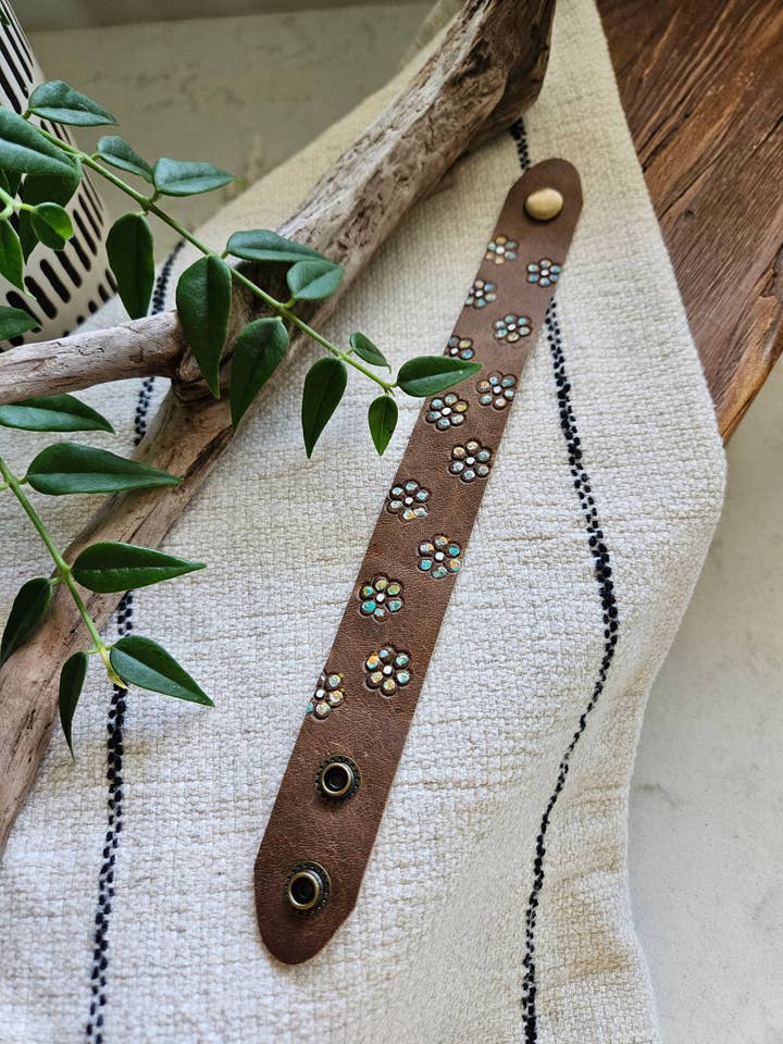Brown Hand Stamped & Hand Painted Leather Floral Cuff for wholesale by Native Leather Co