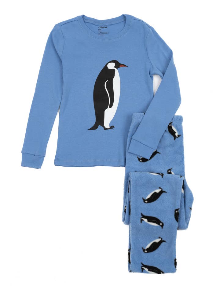 Kids Cotton Top & Fleece Pants Penguin Pajamas for wholesale by Leveret Pajamas