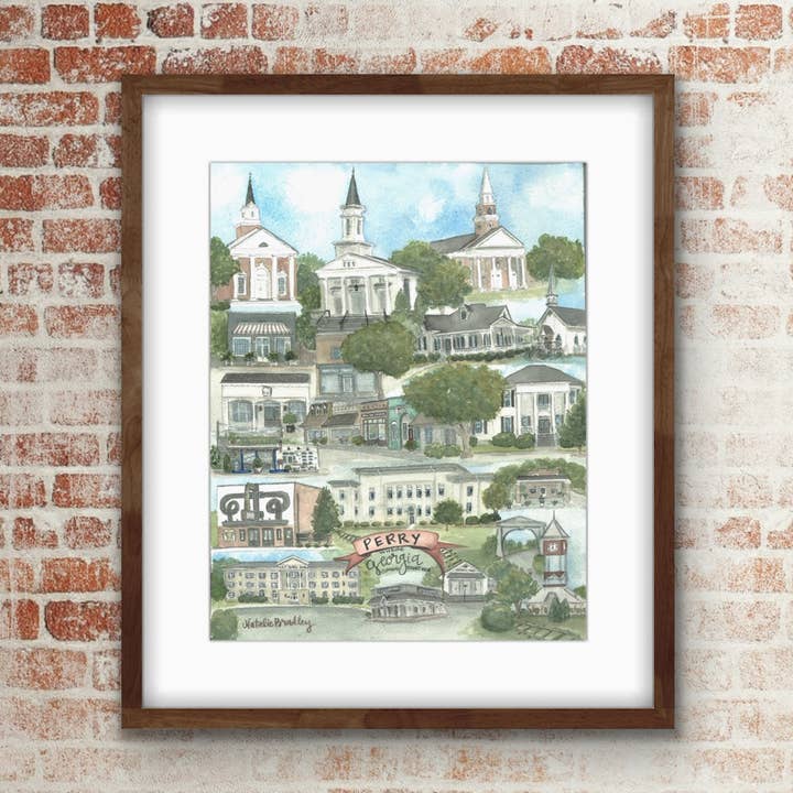 Impression d'art en aquarelle du centre-ville de Perry, Géorgie pour la vente par Natalie Bradley Home