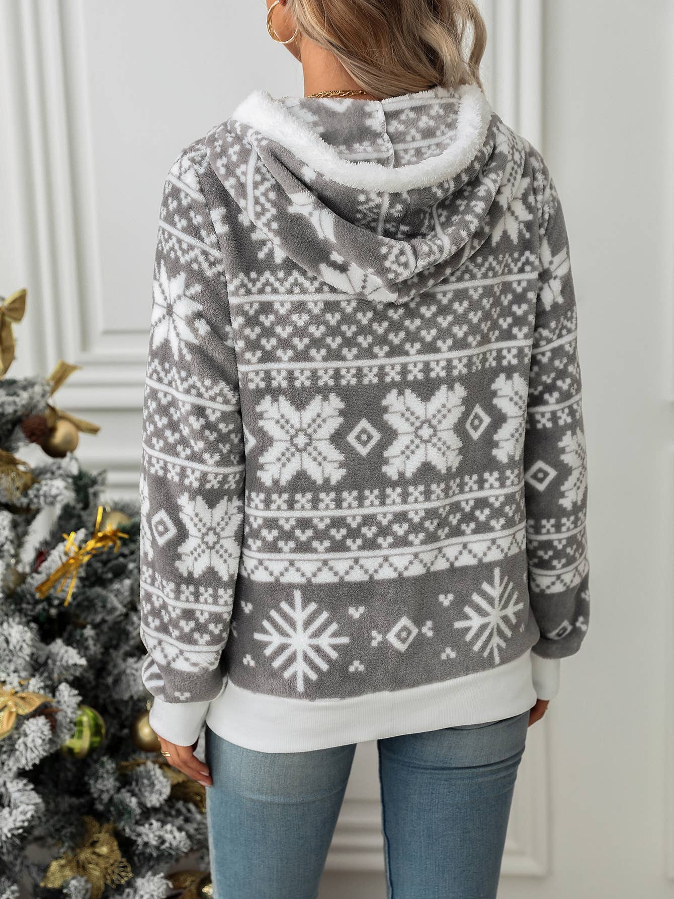 Gray Hooded cardigan Christmas print fleece coat for wholesale on Faire4