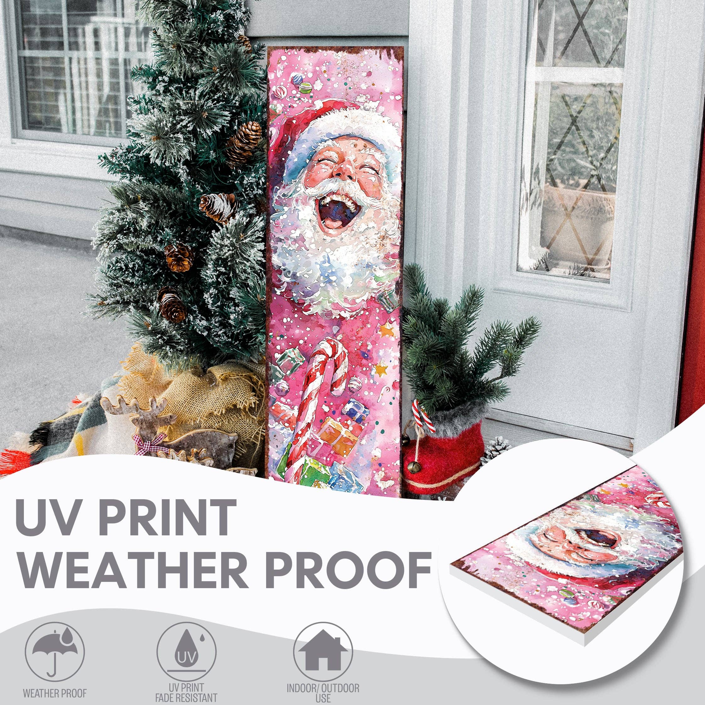 TX USA Corporation - Wholesale Outdoor Sign - Pink Santa Porch Sign – Watercolor Christmas Welcome for Outdoor or Indoor Use3