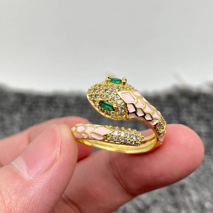 Mio Queena - Wholesale Cocktail/Statement Ring - Inlaid Cubic Zirconia Enamel Snake Golden Adjustable Ring