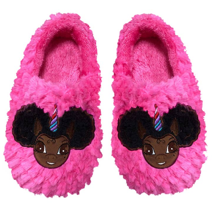 Zapatilla de Peluche Unicornio Afro Puff Firma Rosa Fucsia - Marrón Oscuro con Cabello Negro para venta al por mayor de YOUnicorn Kidz