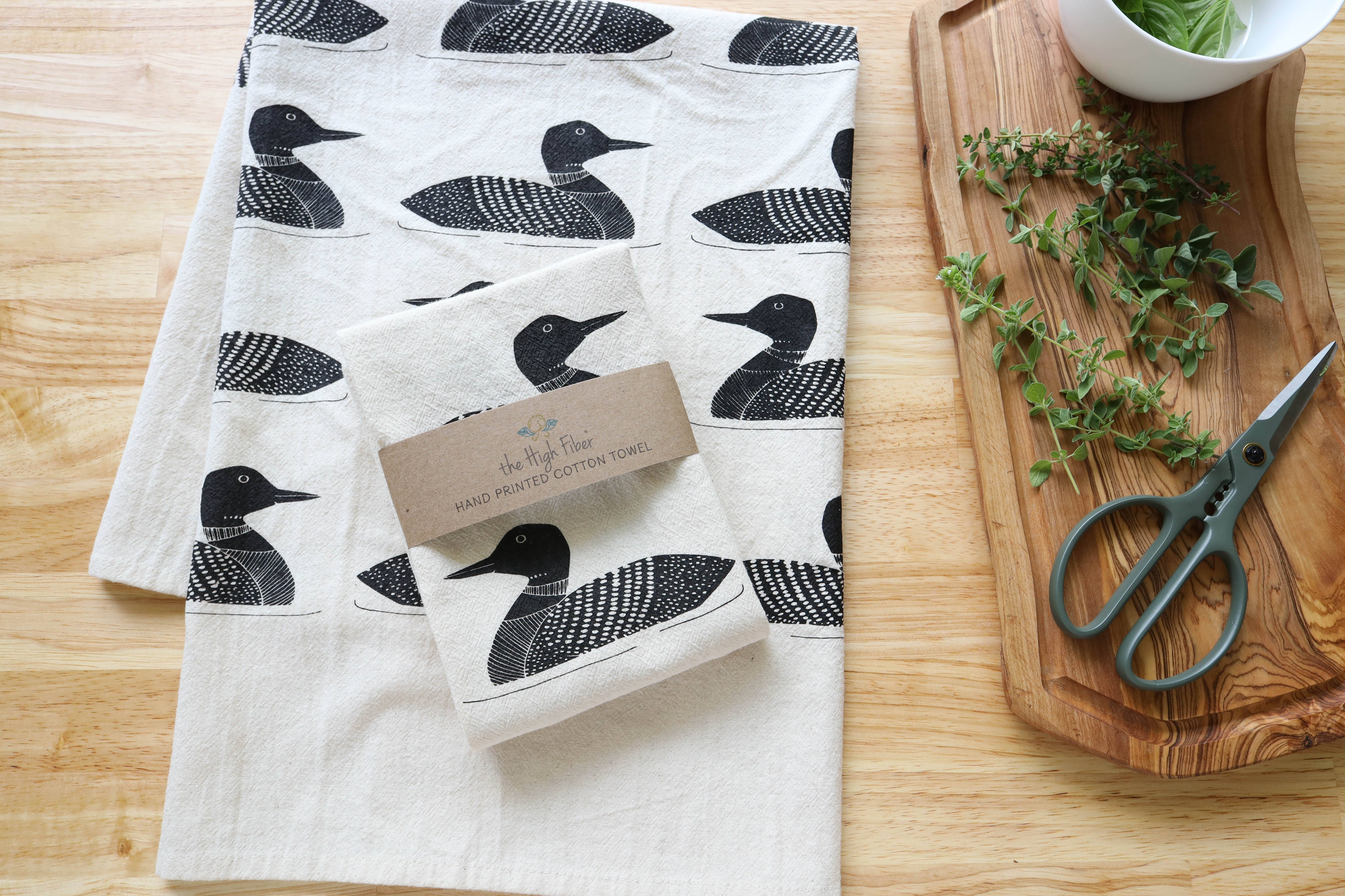 The High Fiber - Wholesale Tea Towel - Handprinted Common Loon Kitchen Towel –Natural, Eco-friendly3