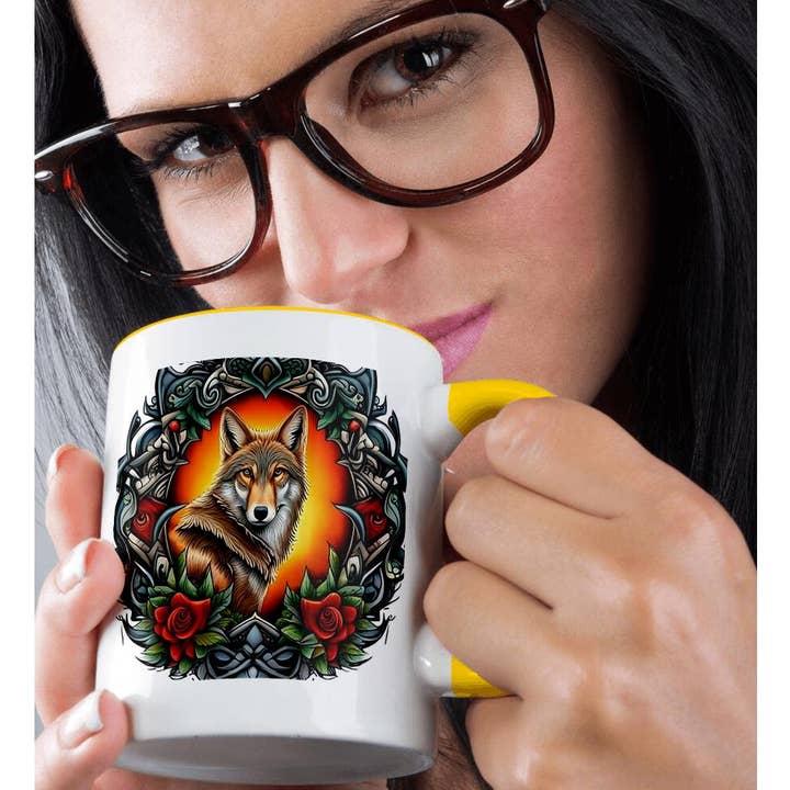 3dRose - Wholesale Coffee Mug - 3dRose, North Dakota Coyote Surrounded By Prairie Rose Tattoo Art, Mug1