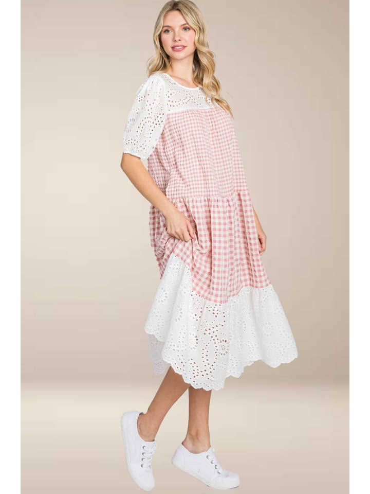 ELLEBORN - Wholesale Dress - Women's - Gingham with cotton eyelet midi dress 3127D-26