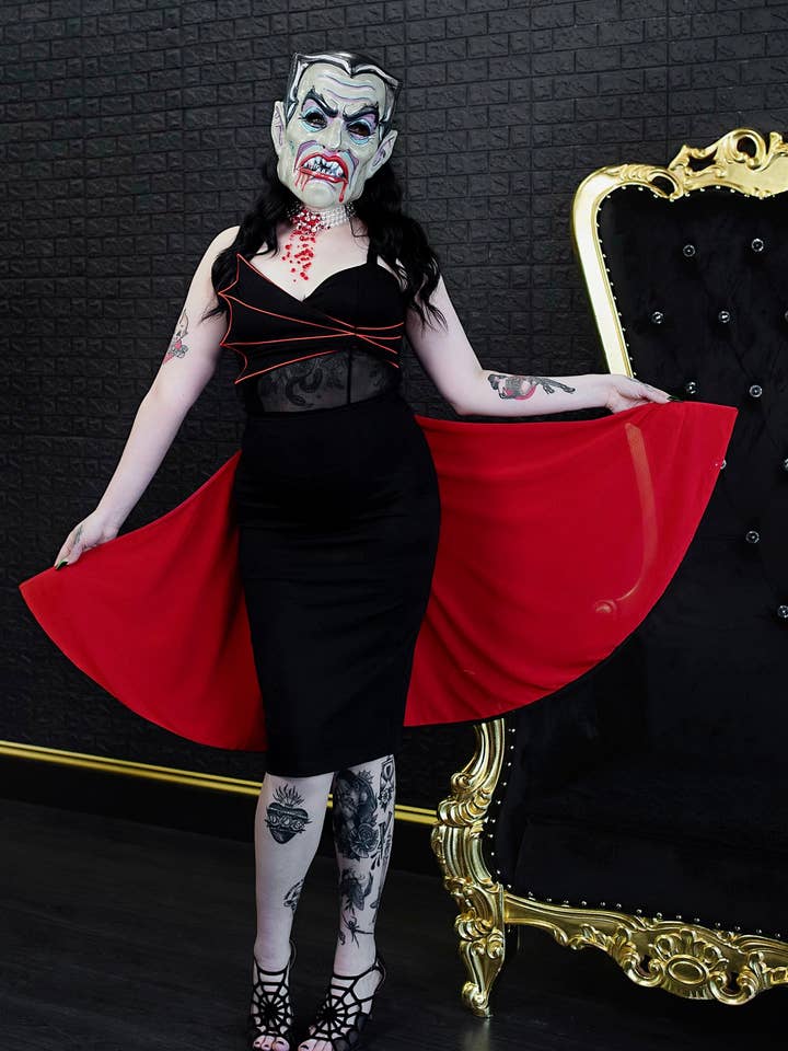Weasel Wear - Wholesale Dress - Women's - Drac Bat Wing Cape Wiggle Dress - Black Ponte Wiggle Dress with Red Bat-Wing Cape & Mesh Cutout (Vampire Royalty Edition)5