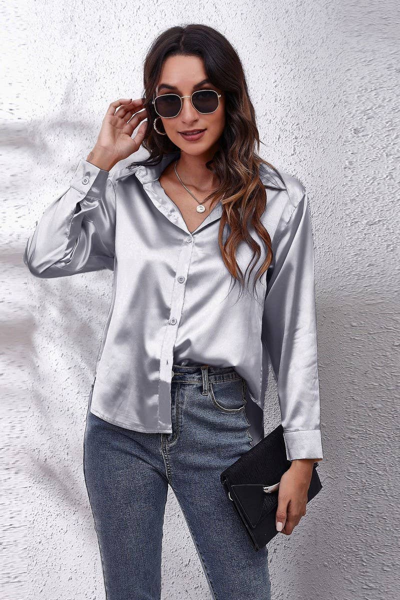 NINEXIS - Wholesale Button Down Shirt - Women's - CWTBLL0691_Button Down Silky Satin Long Sleeve Top57