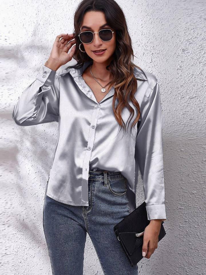 NINEXIS - Wholesale Button Down Shirt - Women's - CWTBLL0691_Button Down Silky Satin Long Sleeve Top57