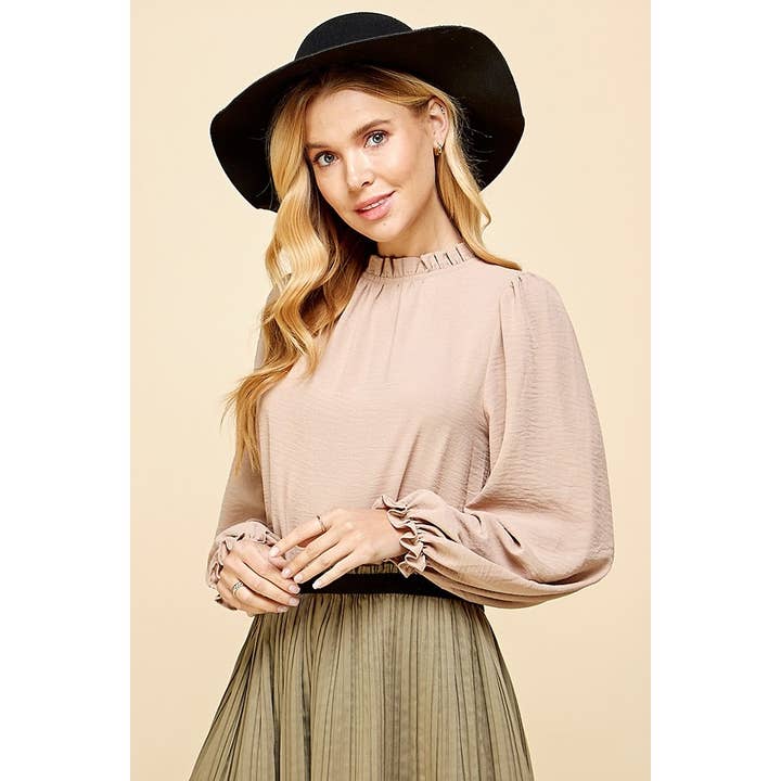 LIME N CHILI - Wholesale Blouse - Women's - Solid Ruffle Mock Neck Balloon Sleeve Blouse