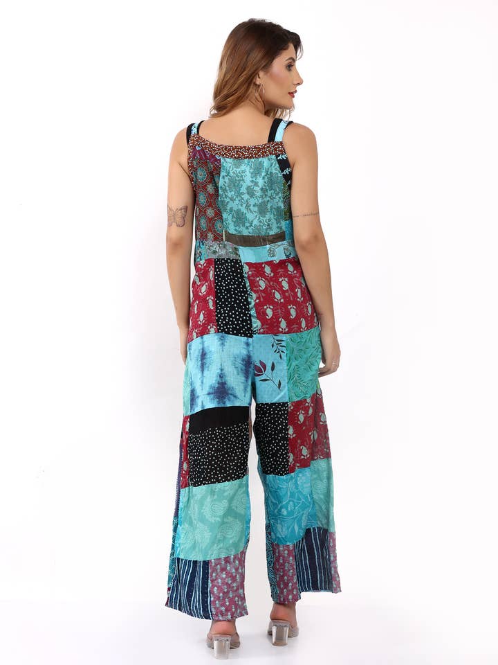 Wevez - Vente Combinaison – femme - Combinaison à jambes larges avec poches patchwork et motif floral pour femmes12