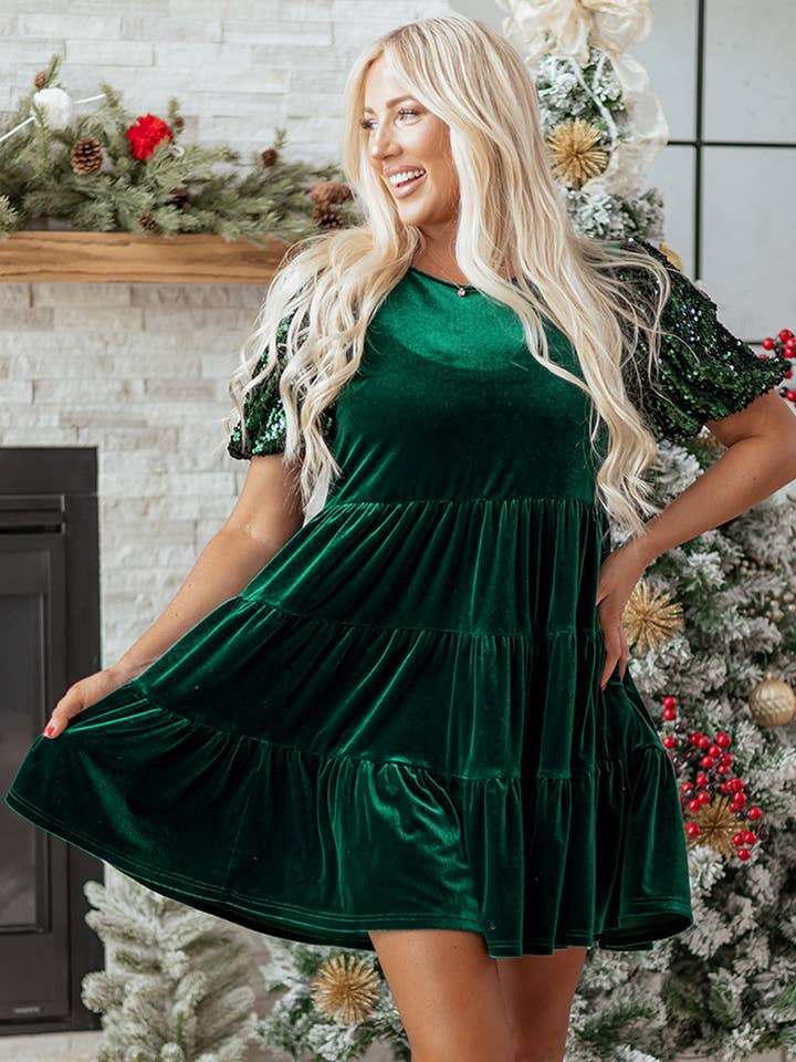 Mini-Kleid mit Samt, Pailletten, Puffärmeln und Stufenrock für den Großhandel von PRETTY BASH