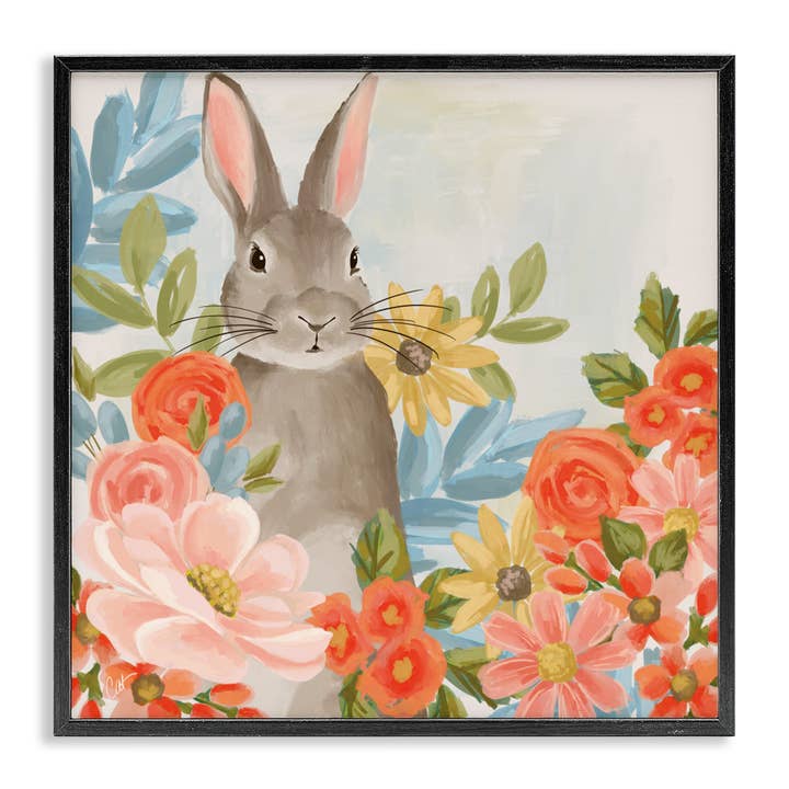 Lapin parmi les fleurs - Art mural encadré pour la vente par Stupell Industries