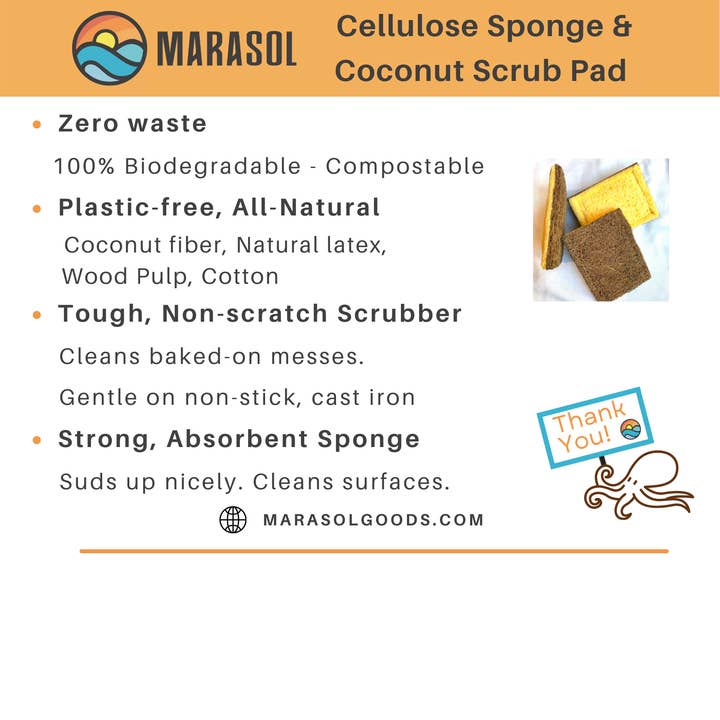 Marasol - Wholesale Cleaning Sponge - Cellulose Sponge + Coconut Scrub Pad – Plastic-Free Cleaning3