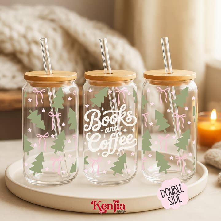 Books And Coffee 16 OZ Glass Can With Lid & Straw / Booktok for wholesale by Kenjia Design