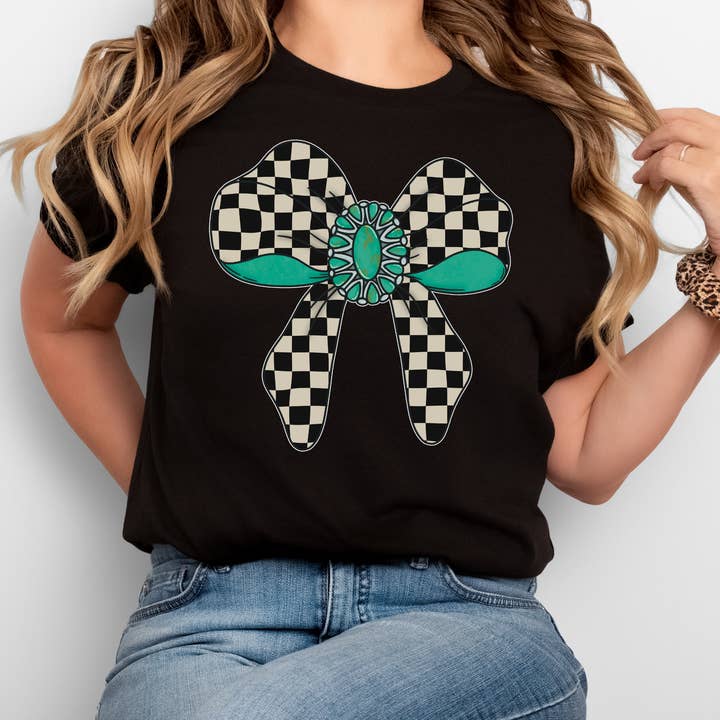 Türkis kariertes Schleifen-T-Shirt/Sweatshirt DTF für den Großhandel von Jade & Ali Co. Boutique