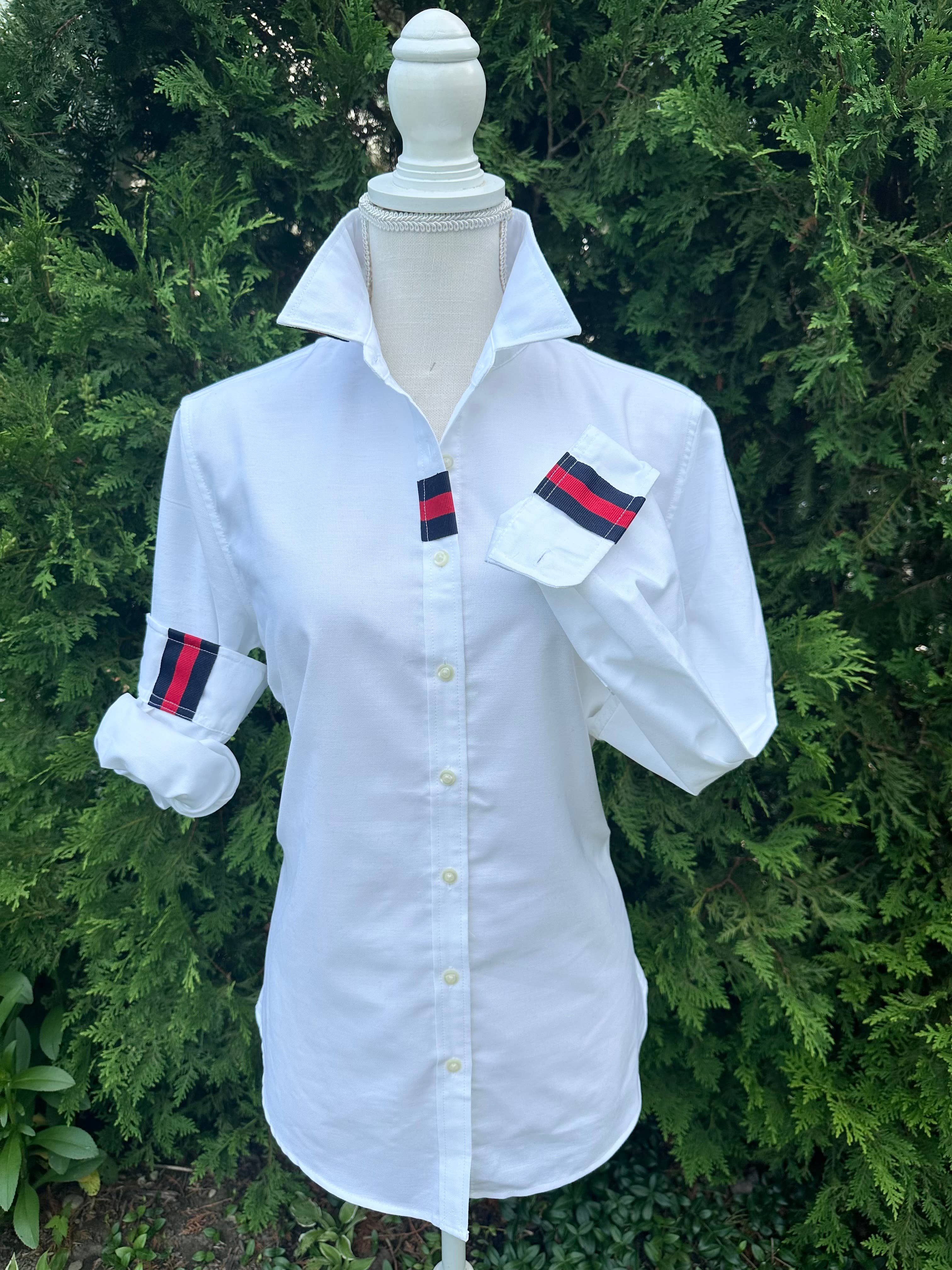 Casie 2 - White Oxford w/Navy & Red Stripe Ribbon for wholesale on Faire